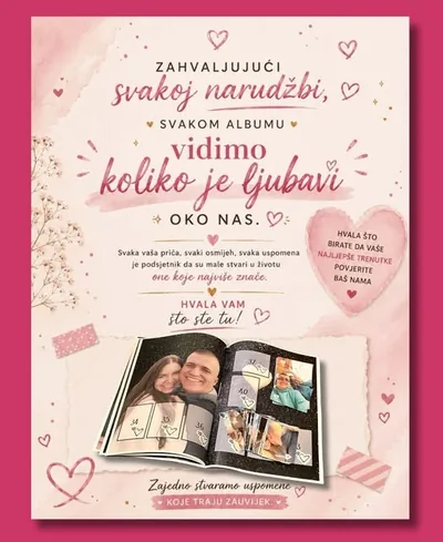 Poster: zahvalnica kupcima uz sliku otvorenog albuma